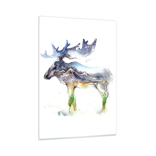 Obraz na szkle - Akwarela łosia z motywem gór w sylwetce - 50x70cm - Bohater zimowej opowieści - Nowoczesna dekoracja ścienna do salonu, kuchni i sypialni ARTTOR