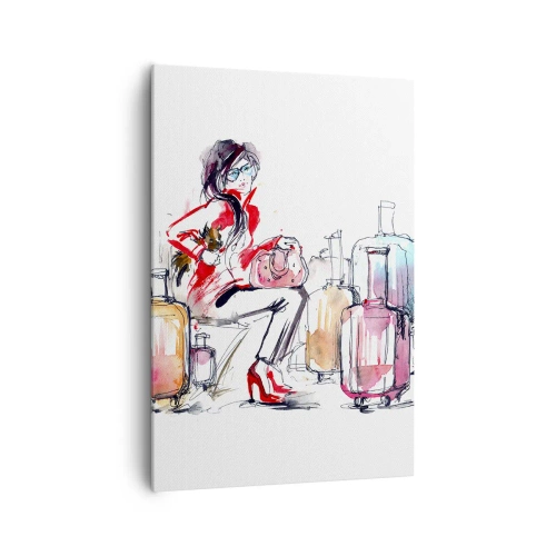 Obraz na płótnie - Kobieta z walizkami w dynamicznej akwarelowej ilustracji - 70x100cm - Siądźmy przed podróżą - Nowoczesna dekoracja ścienna do salonu i sypialni ARTTOR