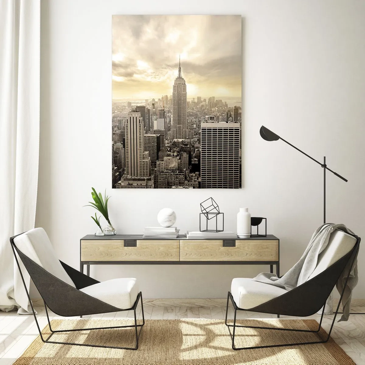 Obraz na szkle - Panorama miasta z widokiem na Empire State Building - 70x100cm - Nowy Jork utkany z szarości - Nowoczesna dekoracja ścienna do salonu i sypialni ARTTOR