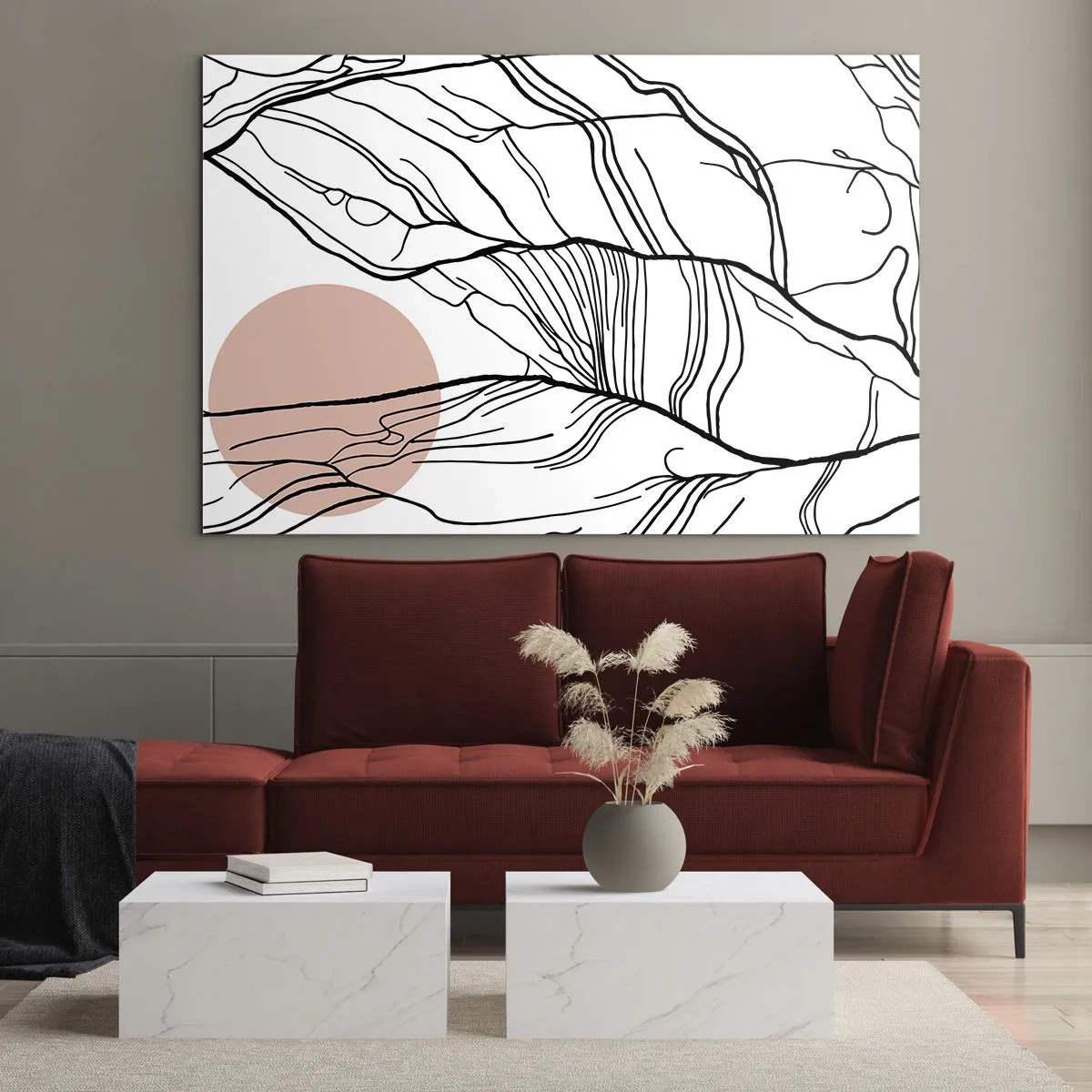 Obraz na szkle - Cieniste linie gałęzi z beżowym słońcem - 70x50cm - W sieci gałązek - Nowoczesna dekoracja ścienna do salonu i sypialni ARTTOR