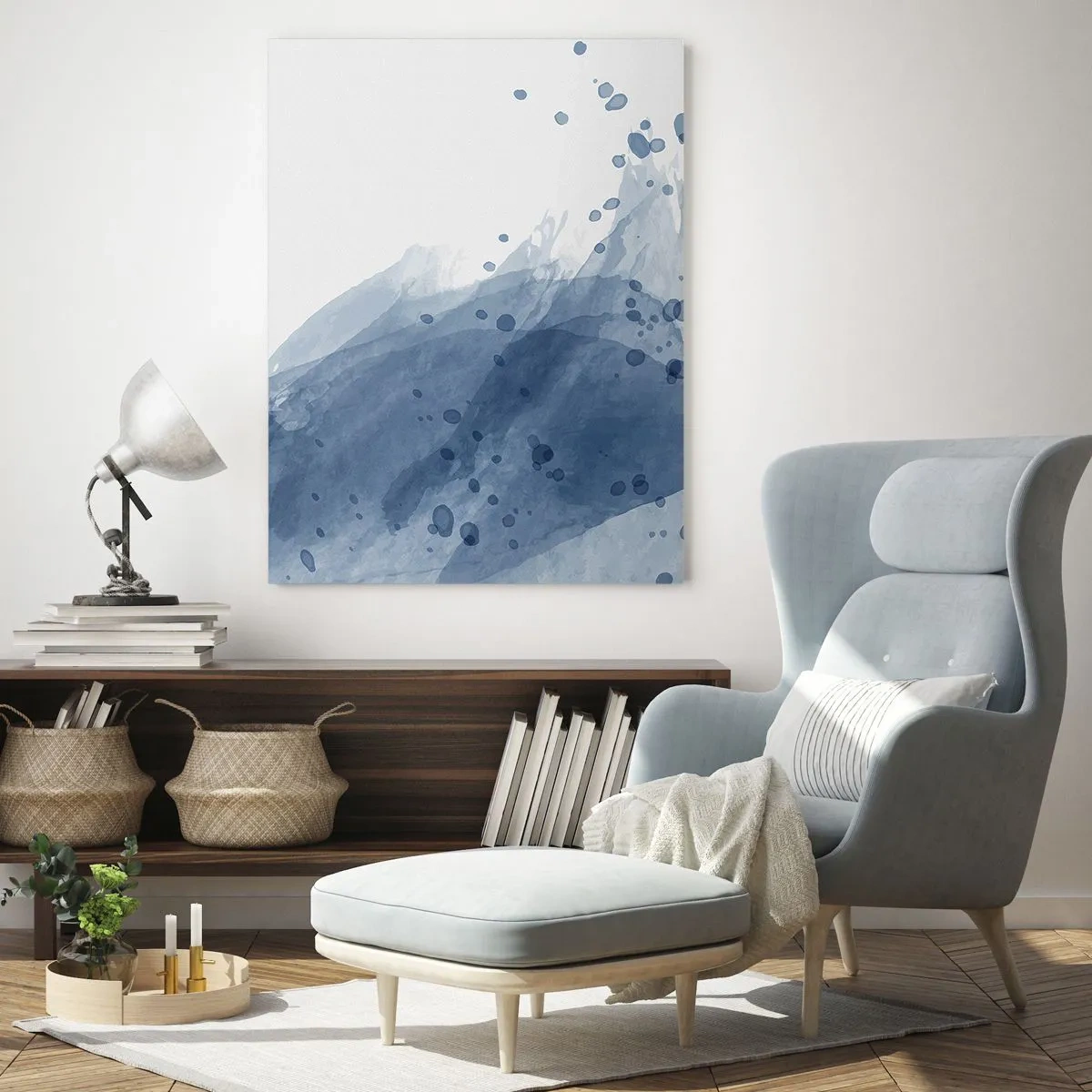 Obraz na szkle - Abstrakcyjne plamy i smugi w odcieniach niebieskiego - 80x120cm - Niebieski tiul - Nowoczesna dekoracja ścienna do salonu i sypialni ARTTOR