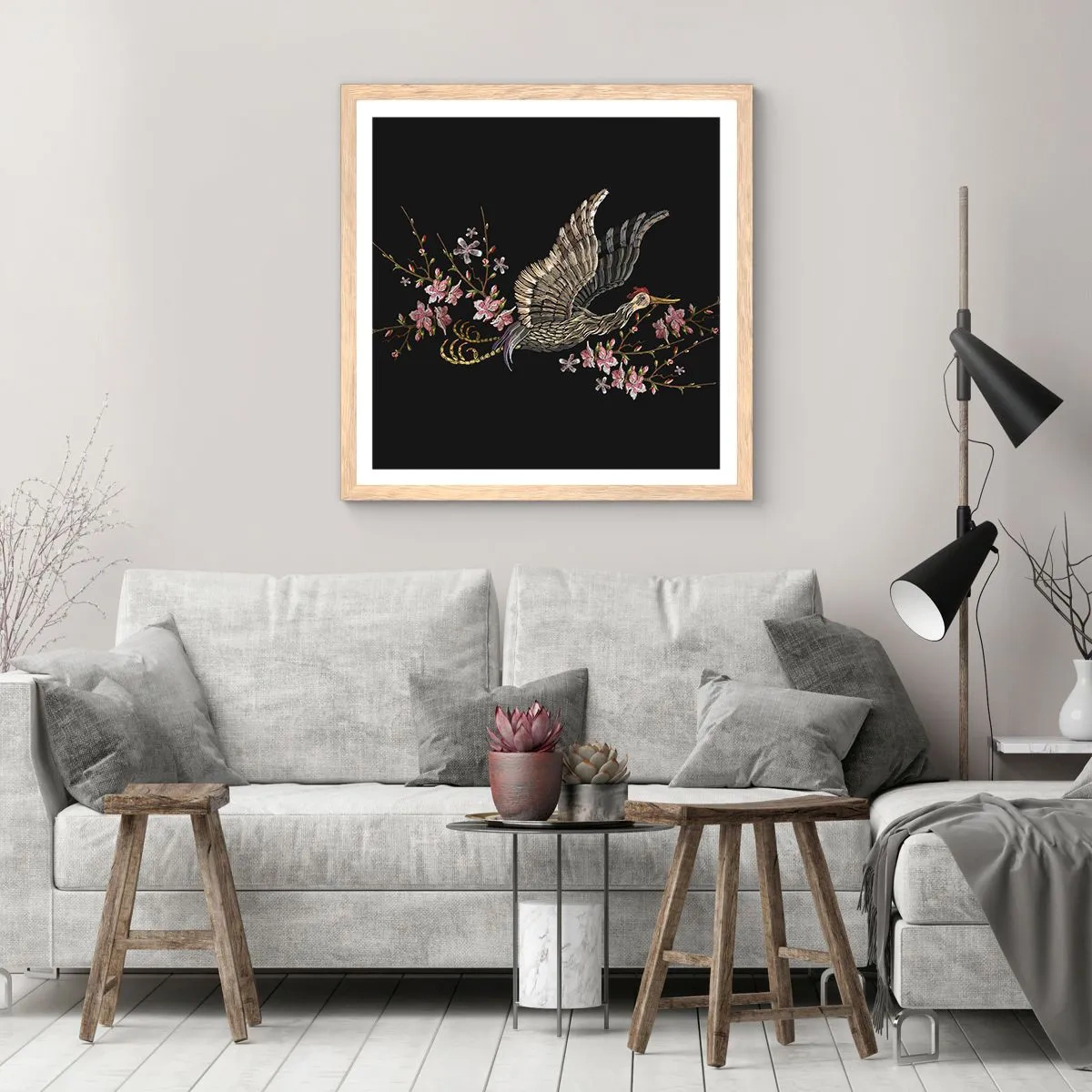 Plakat w ramie jasny dąb - Egzotyczny, haftowany ptak - 40x40 cm