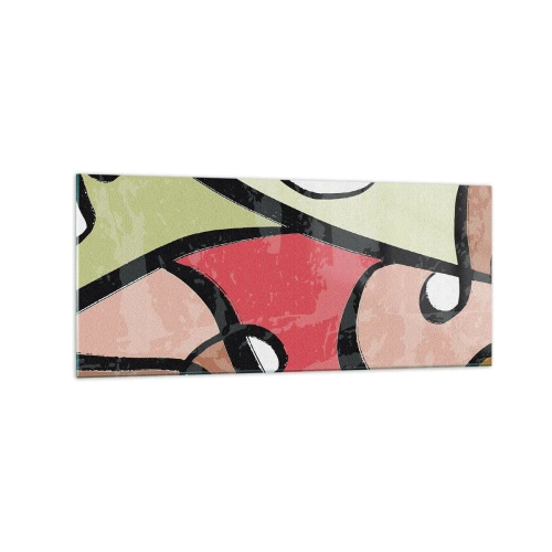 Obraz na szkle - Kolorowe abstrakcyjne kształty z czarnymi liniami - 120x50cm - Piruety wśród barw - Nowoczesna dekoracja ścienna do salonu i sypialni ARTTOR