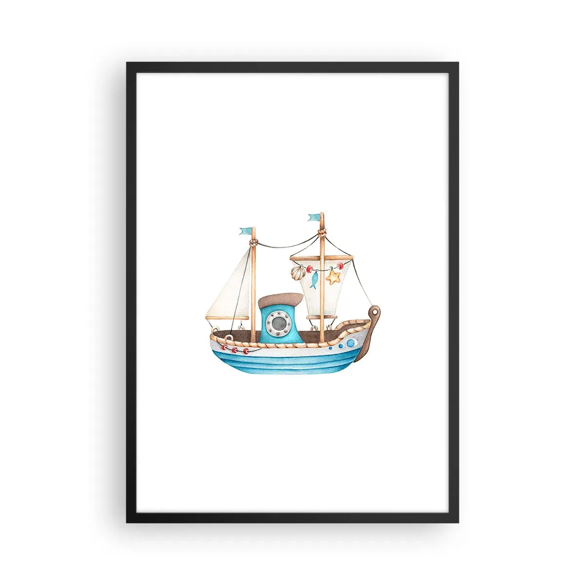 Plakat w czarnej ramie - Akwarelowy statek w pastelowych odcieniach niebieskiego i beżu - 50x70cm - Ahoj, przygodo! - Nowoczesna dekoracja ścienna do salonu i sypialni ARTTOR