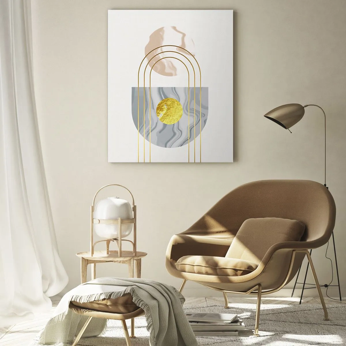 Obraz na szkle - Abstrakcyjny obraz w złocie i szarościach - 50x70cm - Jasność i blask - Nowoczesna dekoracja ścienna do salonu, kuchni i sypialni ARTTOR