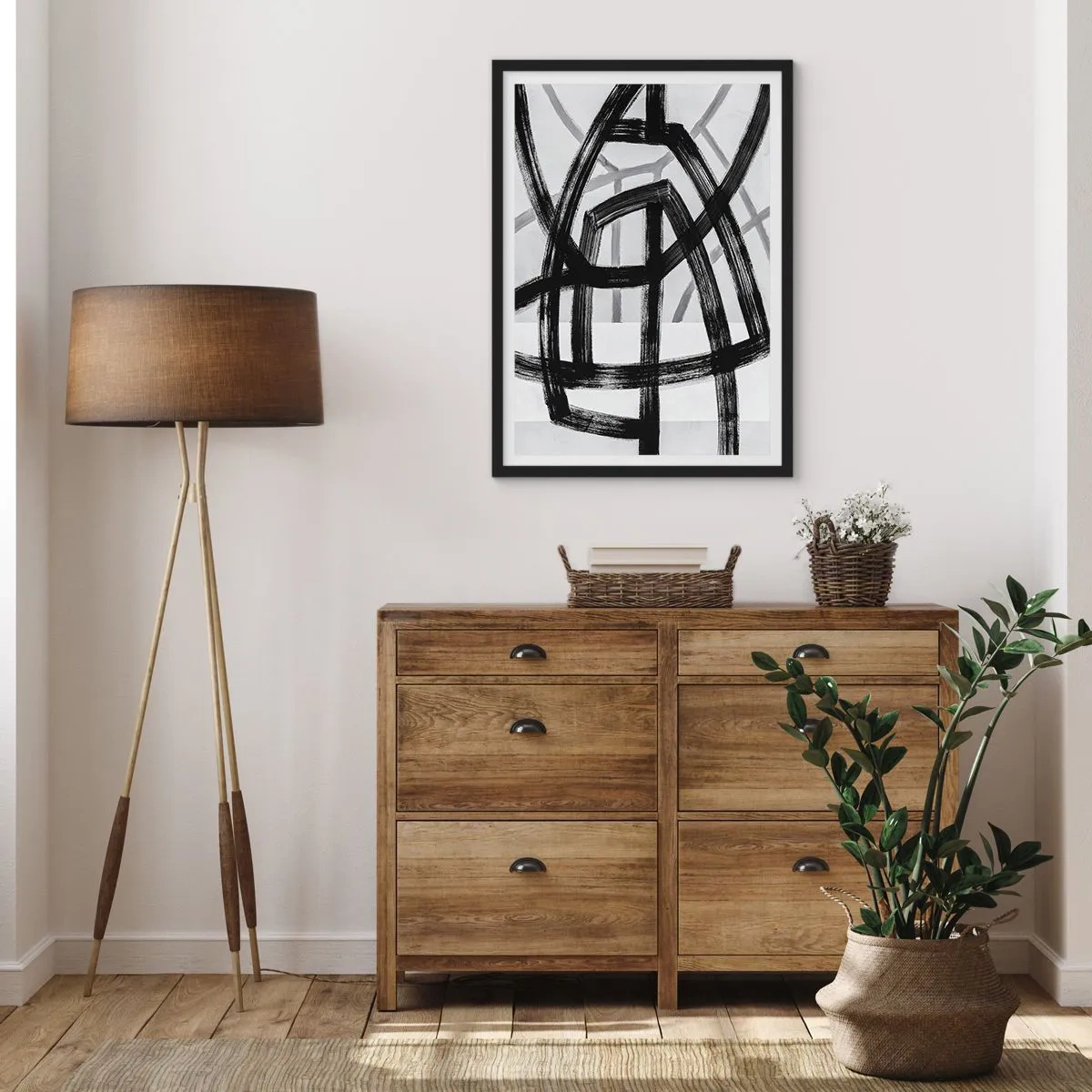Plakat w czarnej ramie - Geometryczne, czarne linie na jasnym tle w abstrakcyjnej kompozycji - 50x70cm - Budowanie głębi - Nowoczesna dekoracja ścienna do salonu i sypialni ARTTOR