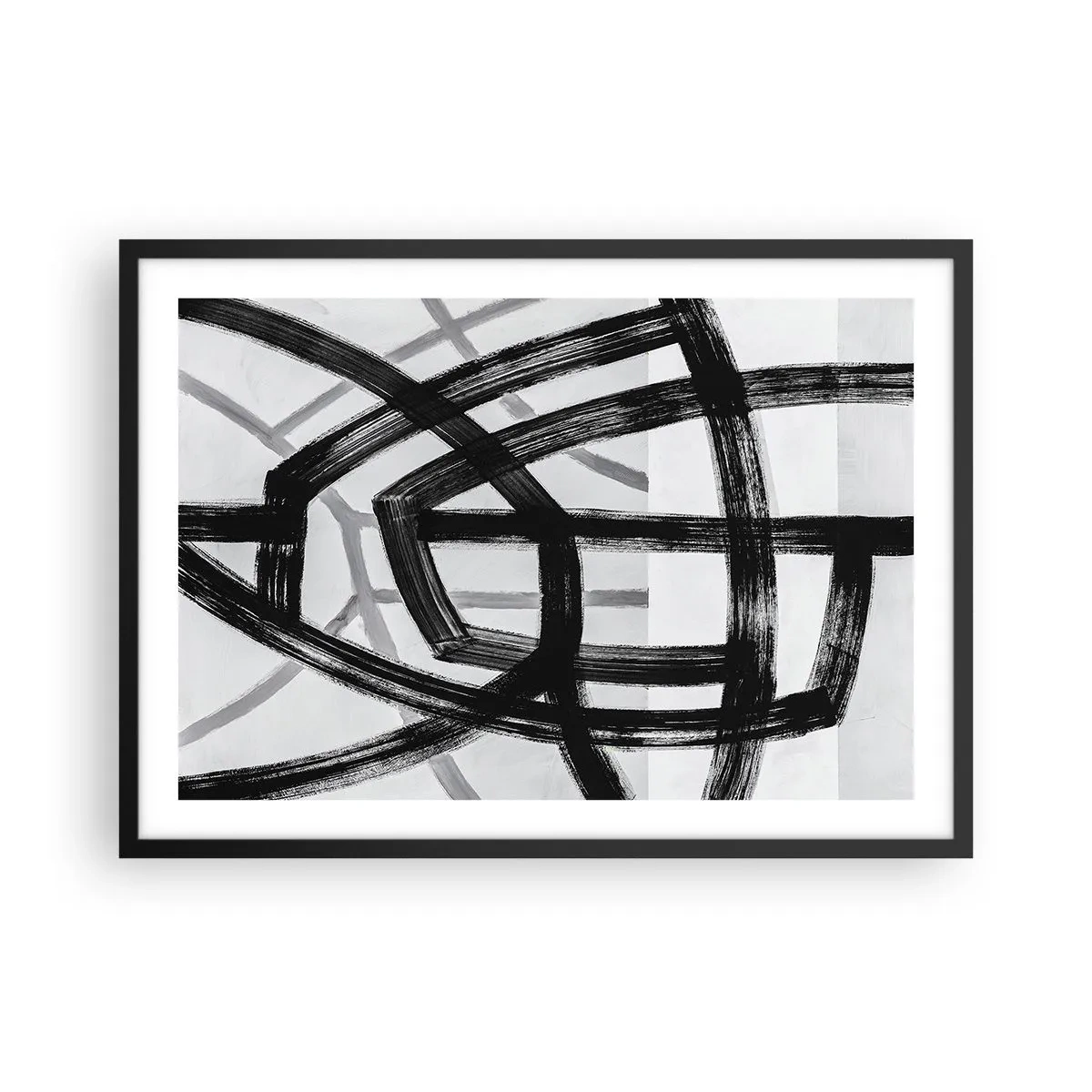 Plakat w czarnej ramie - Czarno-białe abstrakcyjne linie przecinające się na jasnym tle - 70x50cm - Budowanie głębi - Nowoczesna dekoracja ścienna do salonu i sypialni ARTTOR