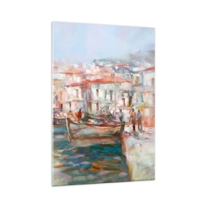 Obraz na szkle - Malowniczy port z łodziami w pastelowej kolorystyce - 50x70cm - Pastelowe wakacje - Nowoczesna dekoracja ścienna do salonu, kuchni i sypialni ARTTOR