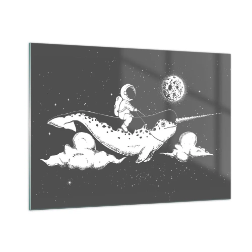 Obraz na szkle - Astronauta lecący na narwalu w kosmicznej scenerii - 100x70cm - Kosmiczny jeździec - Nowoczesna dekoracja ścienna do salonu, kuchni i sypialni ARTTOR