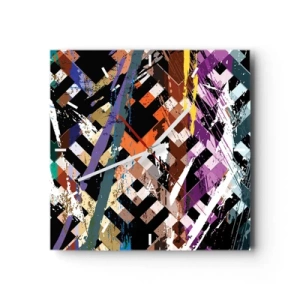 Zegar ścienny - Abstrakcyjna kompozycja z kolorowymi liniami na czarnym tle - 30x30cm - Podniesione do kwadratu - Nowoczesna dekoracja ścienna do salonu i sypialni ARTTOR