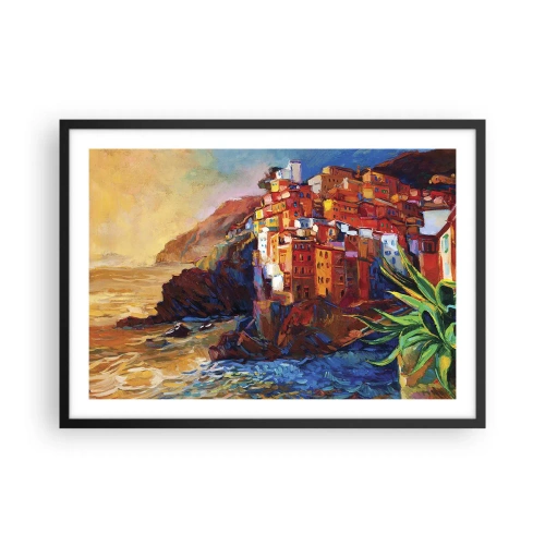 Plakat w czarnej ramie - Kolorowe domy na klifie nad morzem - 70x50cm - Włoskie klimaty - Nowoczesna dekoracja ścienna do salonu i sypialni ARTTOR