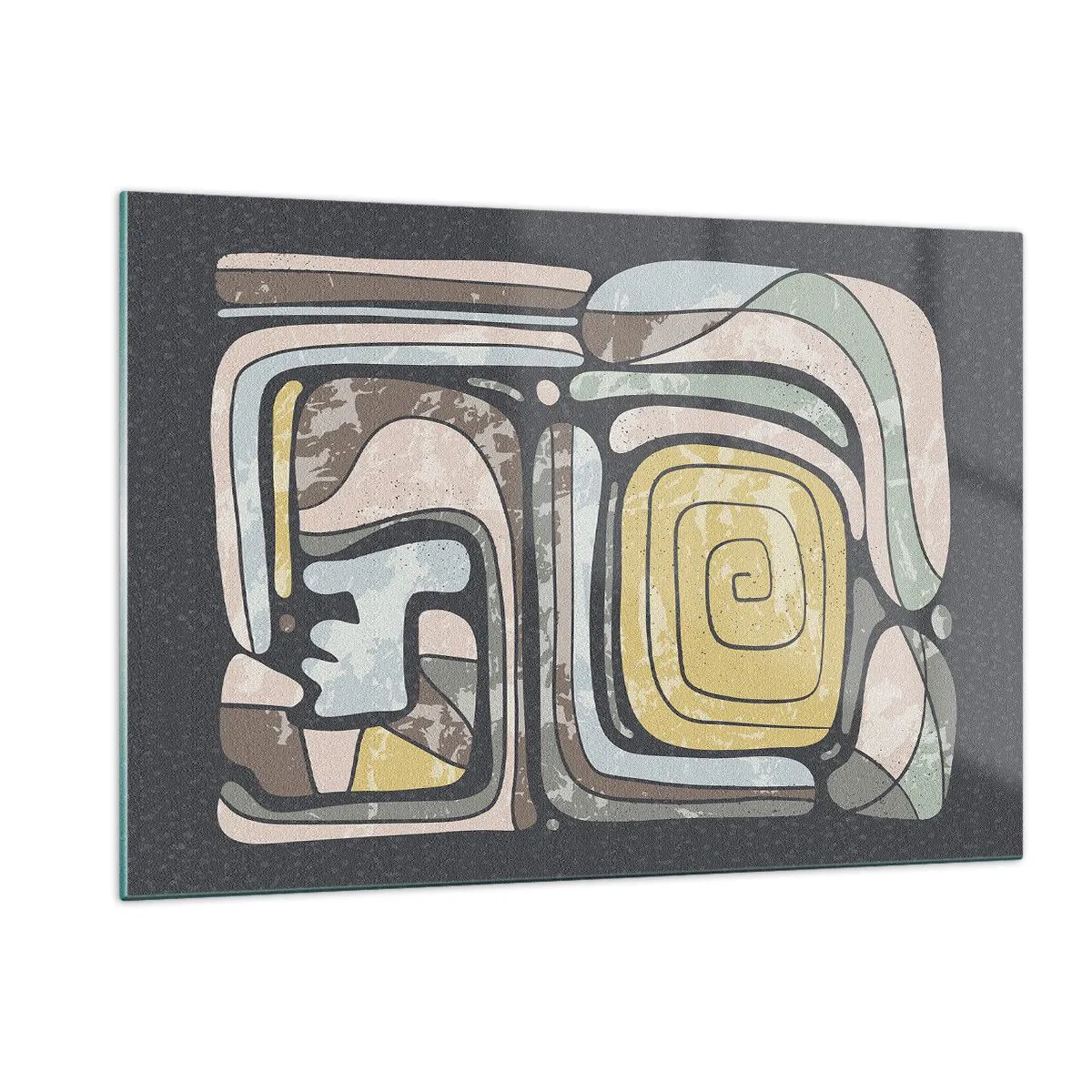 Obraz na szkle - Geometryczna abstrakcja w kolorach ziemi na czarnym tle - 120x80cm - Abstrakcja w duchu prekolumbijskim - Nowoczesna dekoracja ścienna do salonu, kuchni i sypialni ARTTOR