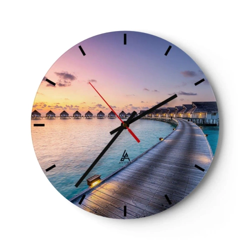 Zegar ścienny - Droga wzdłuż plaży z bungalowami na tle zachodzącego słońca - 30x30cm - Wakacje - powrót do źródeł - Nowoczesna dekoracja ścienna do salonu, kuchni i sypialni ARTTOR