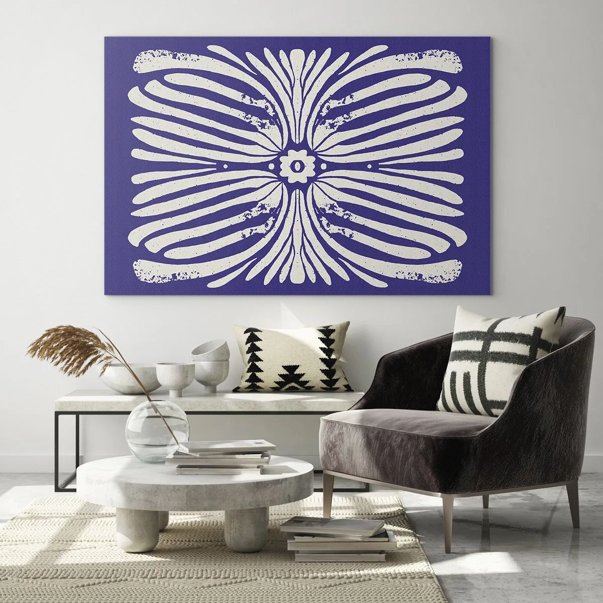 Obraz na szkle - Symetryczny wzór w stylu etnicznym na fioletowym tle - 70x50cm - Etniczne inspiracje - Nowoczesna dekoracja ścienna do salonu i sypialni ARTTOR