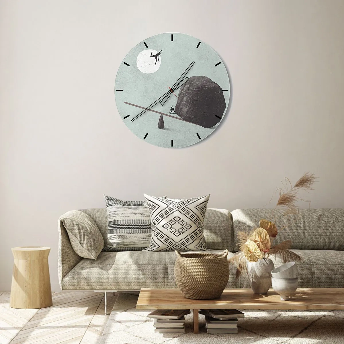 Zegar ścienny - Postać katapultowana przez kamień z huśtawki w stronę księżyca - 30x30cm - Spełnione marzenie - Nowoczesna dekoracja ścienna do salonu, kuchni i sypialni ARTTOR
