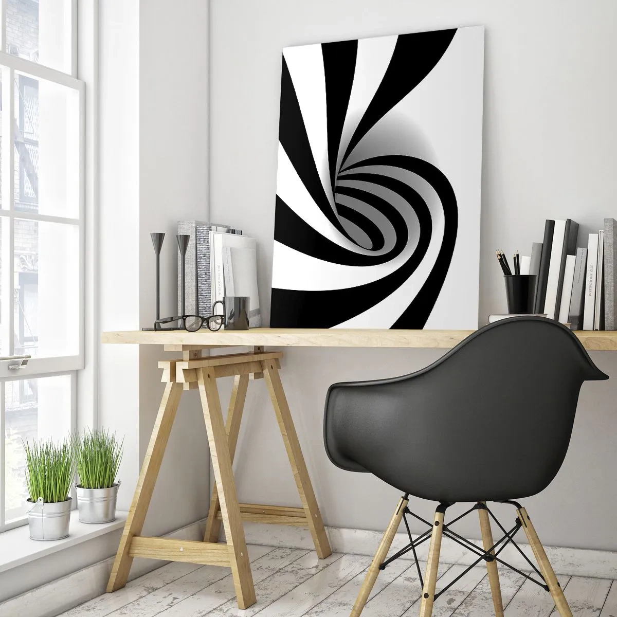 Obraz na szkle - Abstrakcyjna spirala w czerni i bieli o dynamicznym kształcie - 50x70cm - A jednak się kręci - Nowoczesna dekoracja ścienna do salonu, kuchni i sypialni ARTTOR