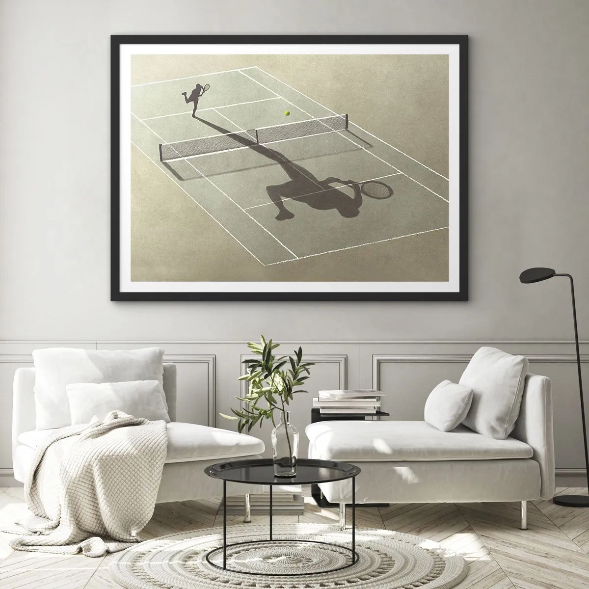 Plakat w czarnej ramie - Cień tenisisty na korcie podczas gry w tenisa - 70x50cm - Pokonać siebie - Nowoczesna dekoracja ścienna do salonu i sypialni ARTTOR