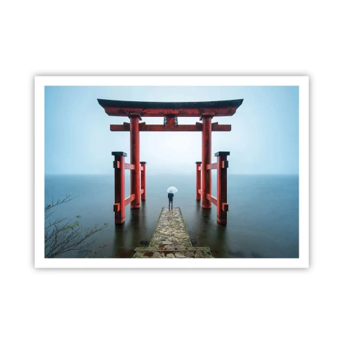 Plakat - Brama torii nad spokojnym jeziorem w Japonii - 100x70cm - Japońska zaduma - Nowoczesna dekoracja ścienna do salonu i sypialni ARTTOR
