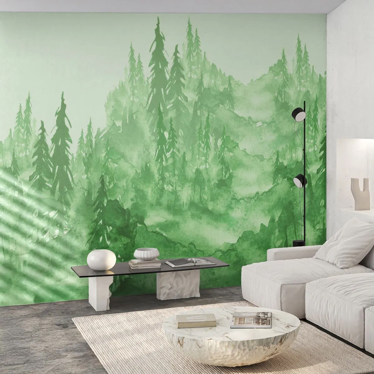 Fototapeta Premium Sand - Akwarelowa leśna mgła w odcieniach zieleni - 100x70cm - Rozmyty zieloną mgłą - Nowoczesna dekoracja ścienna do salonu, kuchni i sypialni ARTTOR