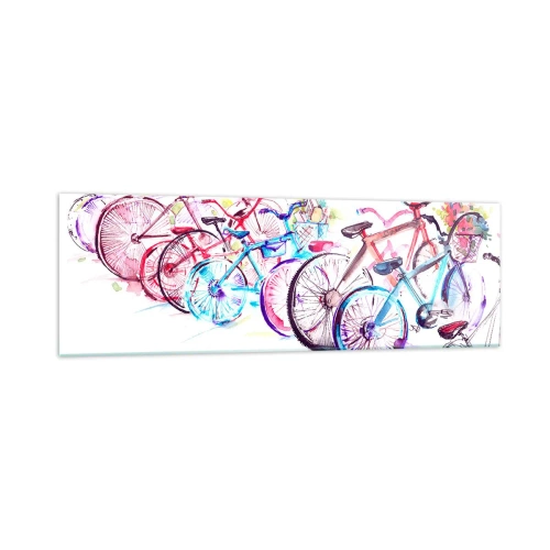 Obraz na szkle - Kolorowe rowery w artystycznym stylu akwarelowym - 160x50cm - Zjazd klubu Antymoto - Nowoczesna dekoracja ścienna do salonu i sypialni ARTTOR