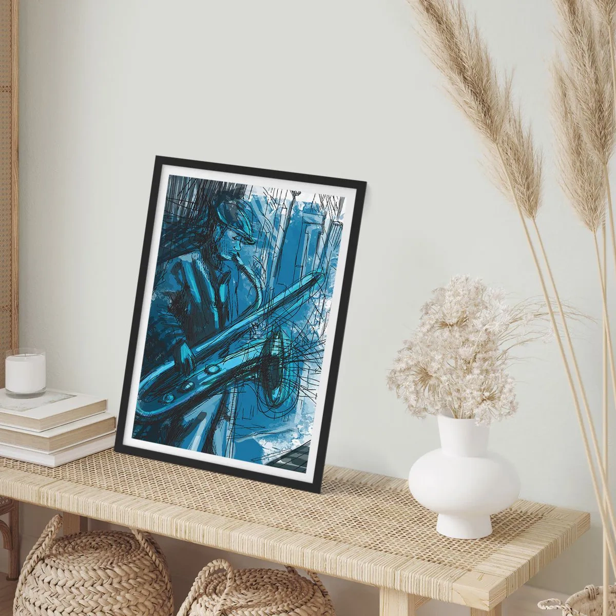 Plakat w czarnej ramie - Artystyczny szkic muzyka grającego na saksofonie - 50x70cm - Miejska rapsodia - Nowoczesna dekoracja ścienna do salonu i sypialni ARTTOR