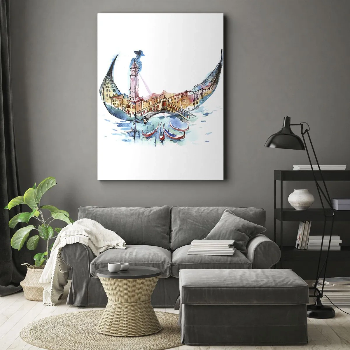 Obraz na płótnie - Akwarelowa maska karnawałowa z pejzażem Wenecji i gondolami - 50x70cm - Płyniemy przez miasto - Nowoczesna dekoracja ścienna do salonu, kuchni i sypialni ARTTOR