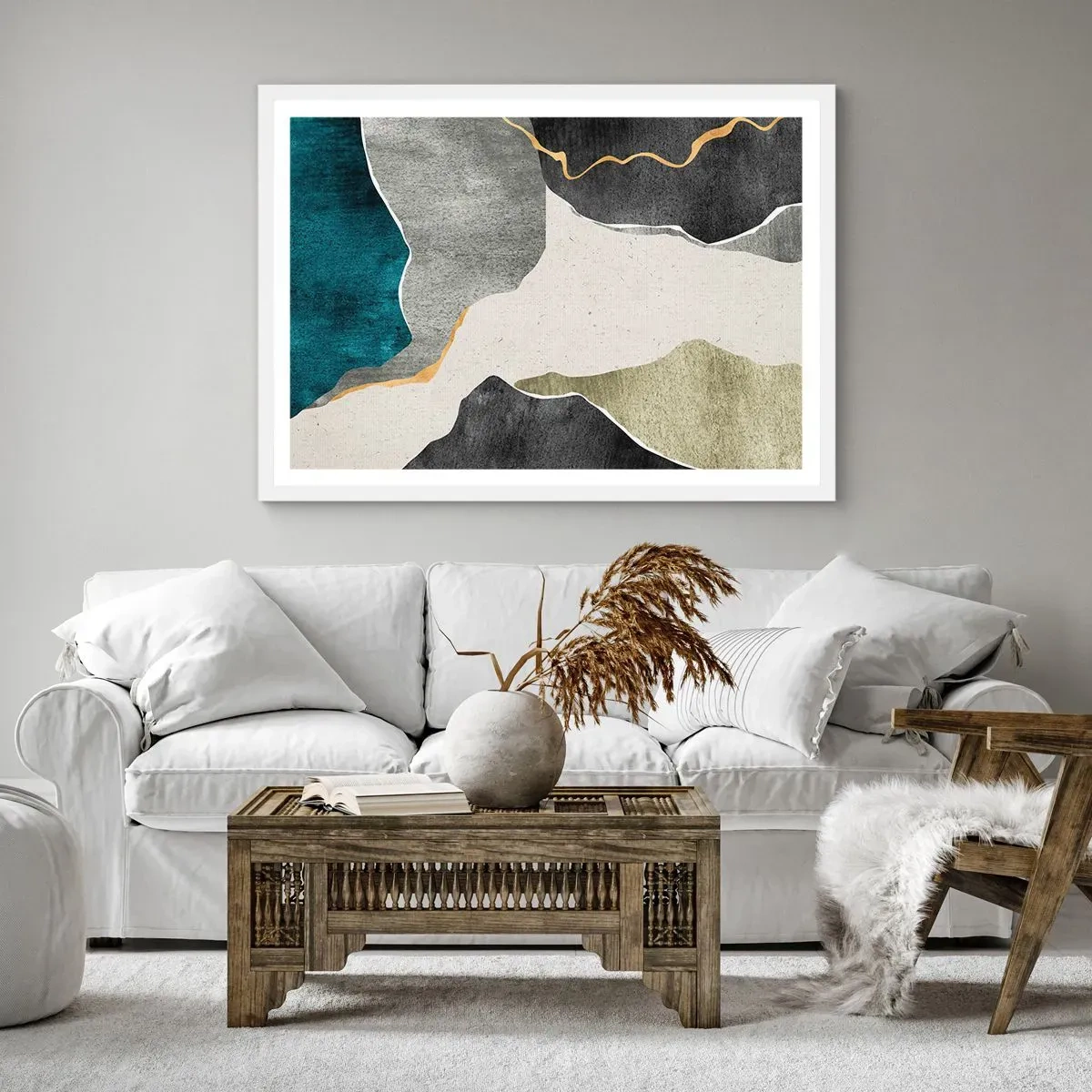 Plakat w białej ramie - Mozaikowa kompozycja z nitką złota - 70x50 cm