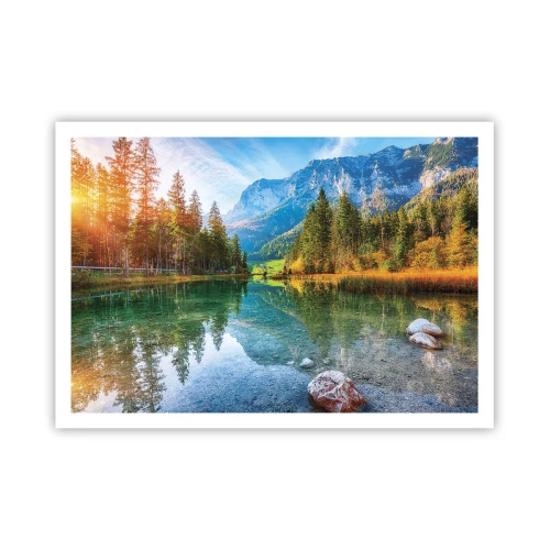 Plakat - Malownicze jezioro w otoczeniu gór i lasów - 100x70cm - Łagodność jesieni - Nowoczesna dekoracja ścienna do salonu i sypialni ARTTOR