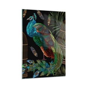 Obraz na szkle - Kolorowe pawie i klatka na czarnym tle - 50x70cm - W królewskich szatach - Nowoczesna dekoracja ścienna do salonu, kuchni i sypialni ARTTOR