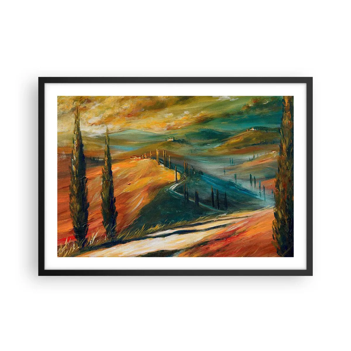 Plakat w czarnej ramie - Toskański krajobraz z polami, drogą i cyprysami - 70x50cm - Toskański pejzaż - Nowoczesna dekoracja ścienna do salonu i sypialni ARTTOR