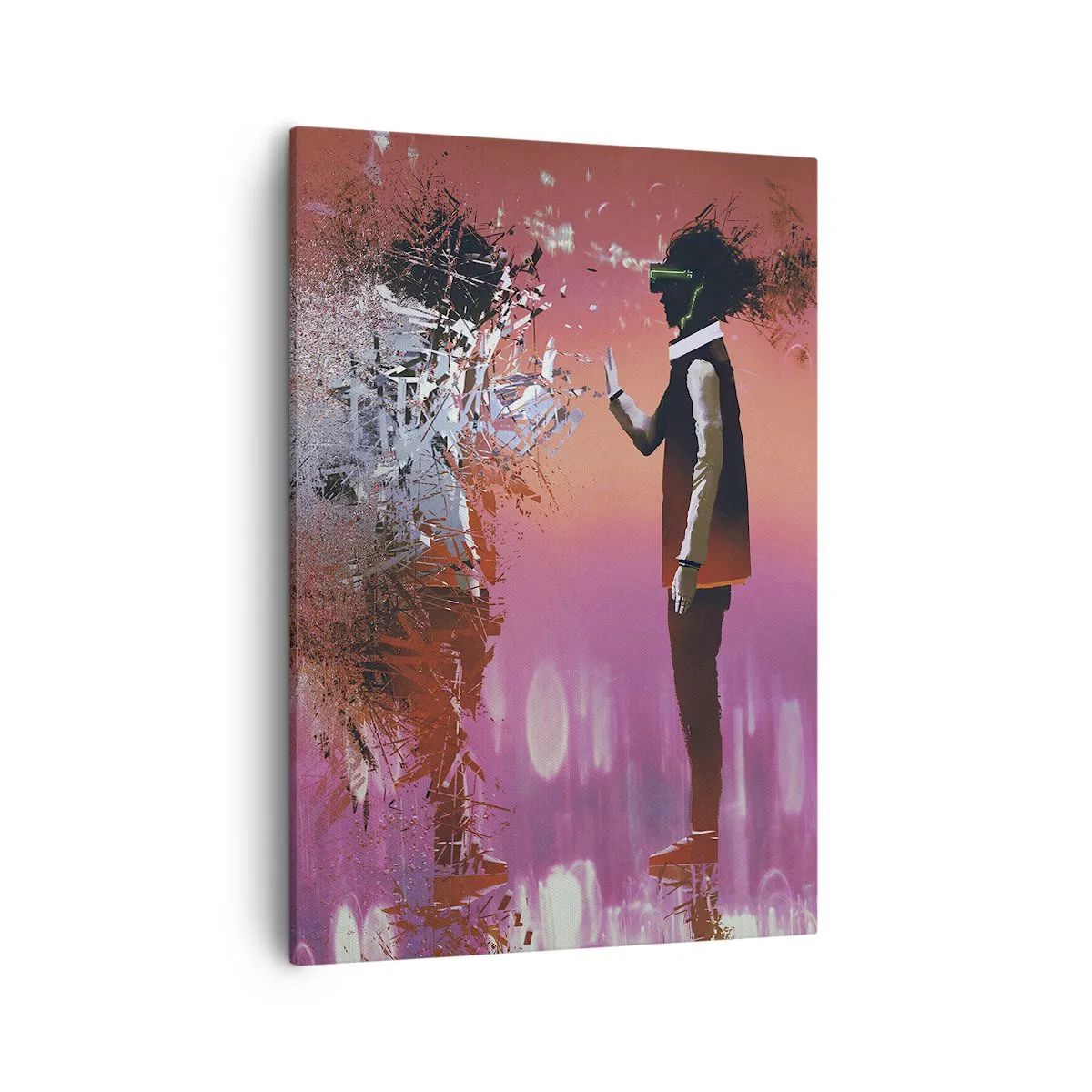 Obraz na płótnie - Postać w okularach VR dotykająca rozpadającego się lustrzanego odbicia - 50x70cm - Czy można wejrzeć w siebie? - Nowoczesna dekoracja ścienna do salonu, kuchni i sypialni ARTTOR