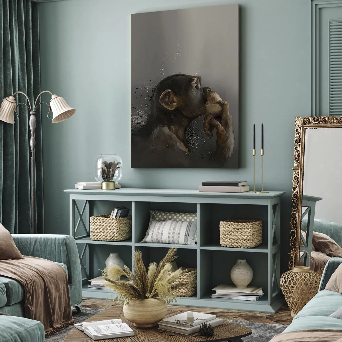 Obraz na płótnie - Zamyślona małpa na szarym tle - 50x70cm - Z pewnością myśliciel - Nowoczesna dekoracja ścienna do salonu, kuchni i sypialni ARTTOR
