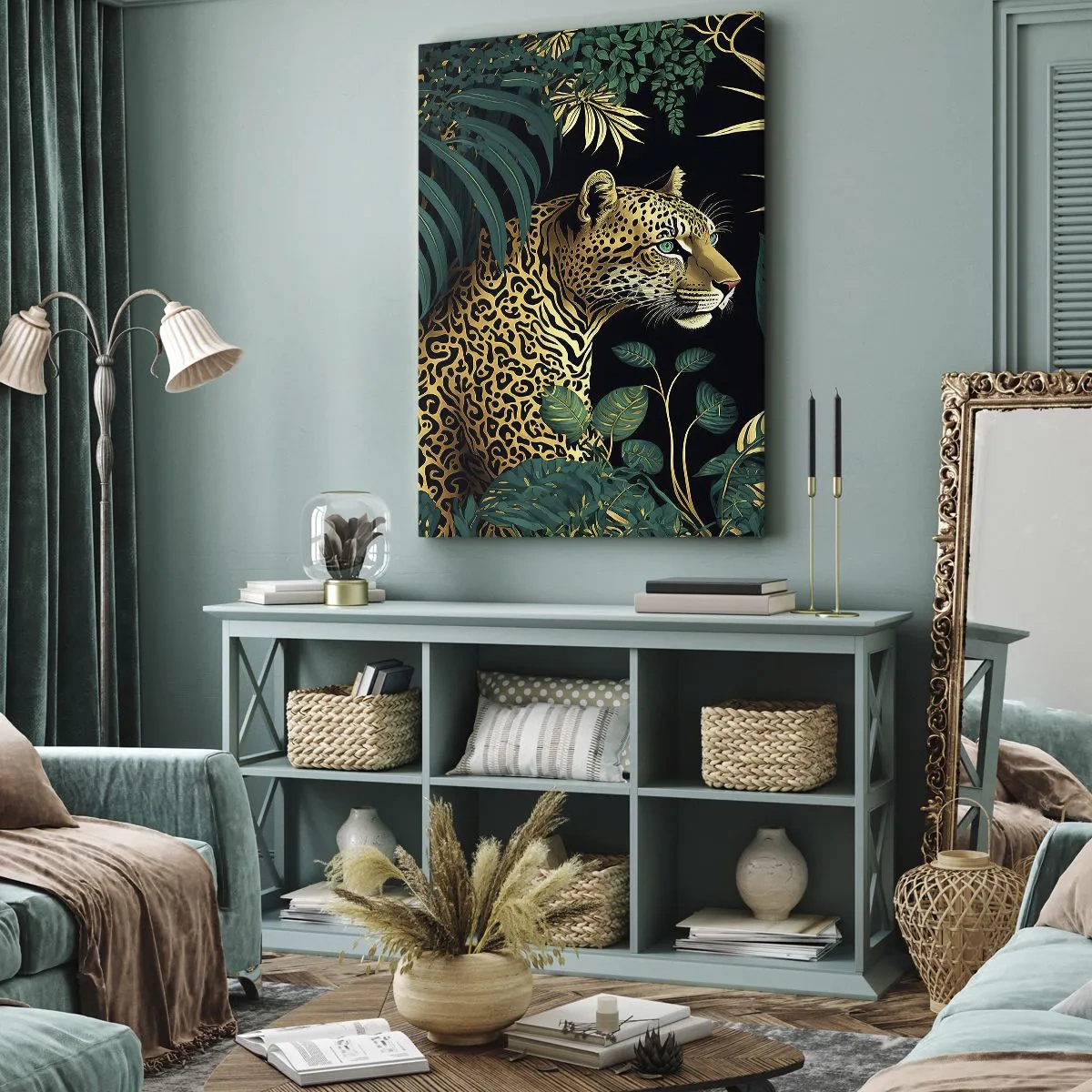 Obraz na płótnie - Grafika lamparta w tropikalnej dżungli na czarnym tle - 50x70cm - Gospodarz w dżungli - Nowoczesna dekoracja ścienna do salonu, kuchni i sypialni ARTTOR