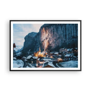 Plakat w czarnej ramie - Malownicza zimowa wioska otoczona górami - 100x70cm - Świetlisty duch zimy - Nowoczesna dekoracja ścienna do salonu i sypialni ARTTOR