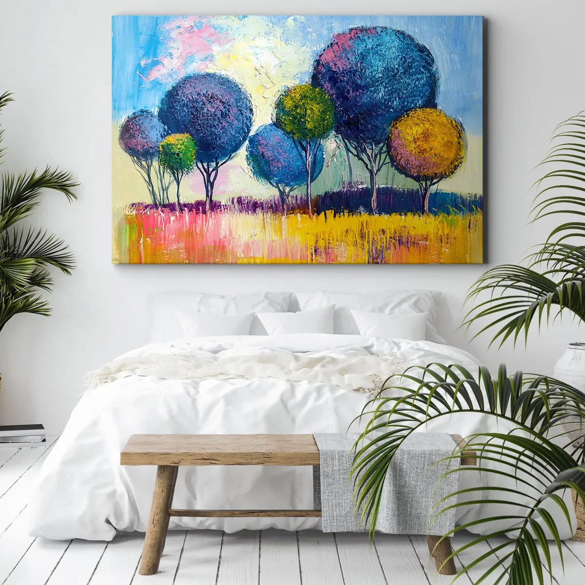Obraz na płótnie - Kolorowe drzewa w kształcie kul na tle pejzażu - 70x50cm - Kula - kształt ideału - Nowoczesna dekoracja ścienna do salonu i sypialni ARTTOR