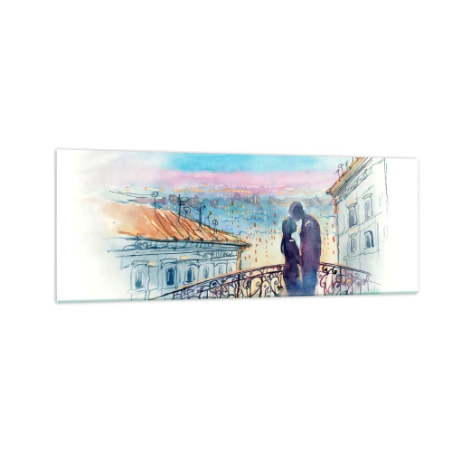 Obraz na szkle - Romantyczna para na balkonie z widokiem na miasto - 140x50cm - Paryscy kochankowie - Nowoczesna dekoracja ścienna do salonu i sypialni ARTTOR