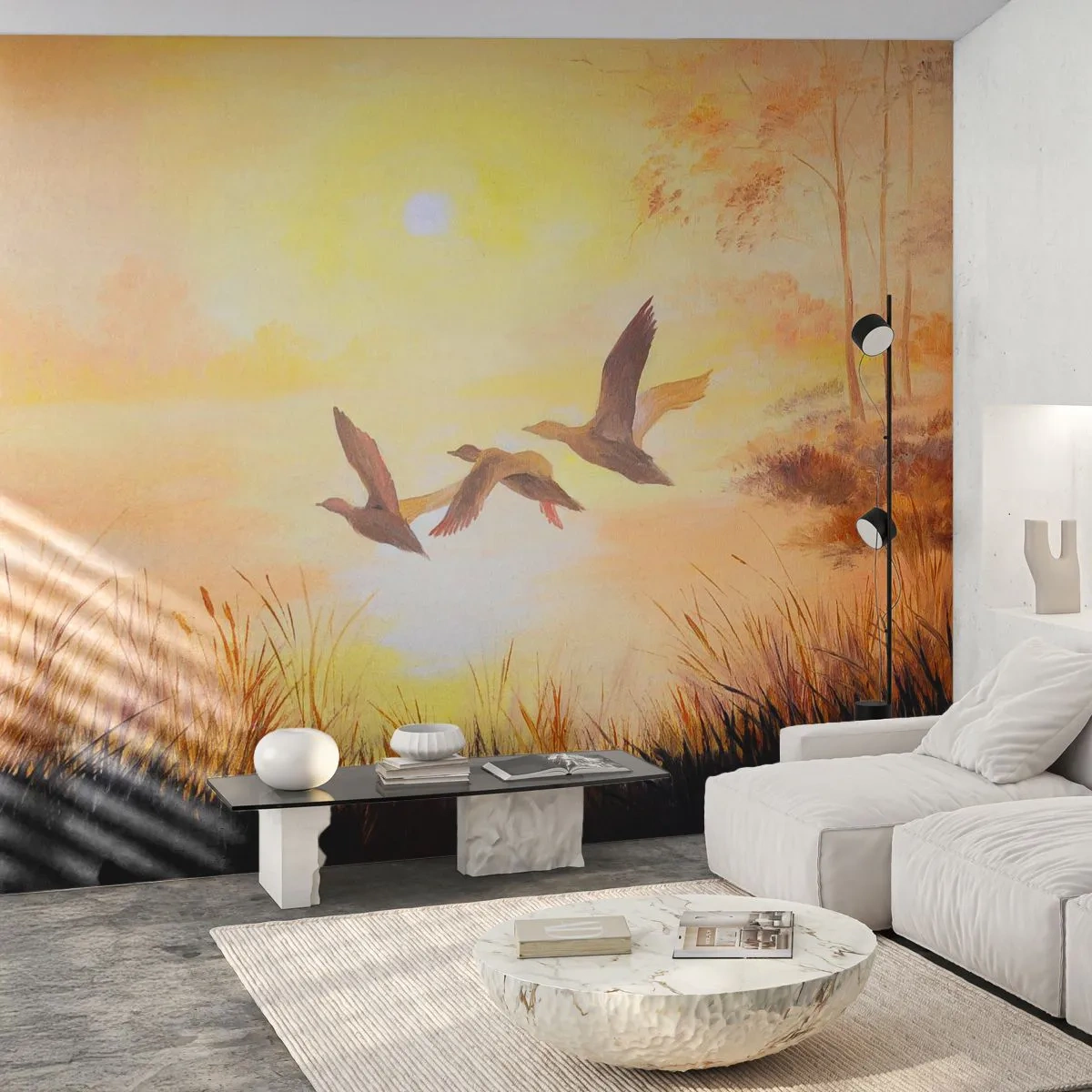 Fototapeta Premium Sand - Trzy lecące kaczki o zachodzie słońca nad jeziorem - 100x70cm - Początek dalekiej podróży - Nowoczesna dekoracja ścienna do salonu, kuchni i sypialni ARTTOR