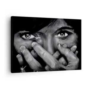 Obraz na płótnie - Czarno-biały portret kobiety zakrywającej twarz dłońmi - 70x50cm - Nie powiem, kto namalował - Nowoczesna dekoracja ścienna do salonu i sypialni ARTTOR