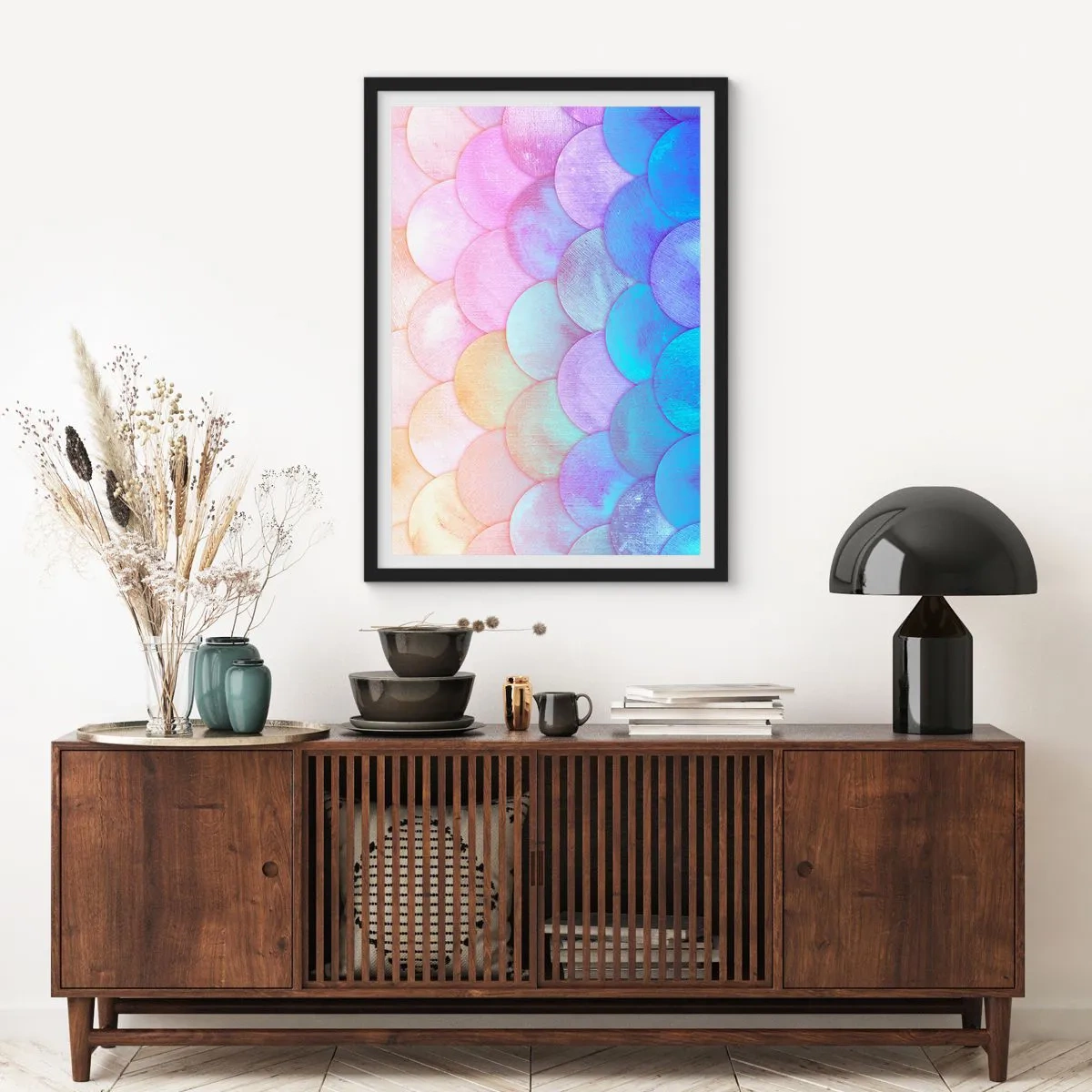 Plakat w czarnej ramie - Pastelowa kompozycja przypominająca łuski w odcieniach tęczy - 50x70cm - Perłowa łuska - Nowoczesna dekoracja ścienna do salonu i sypialni ARTTOR