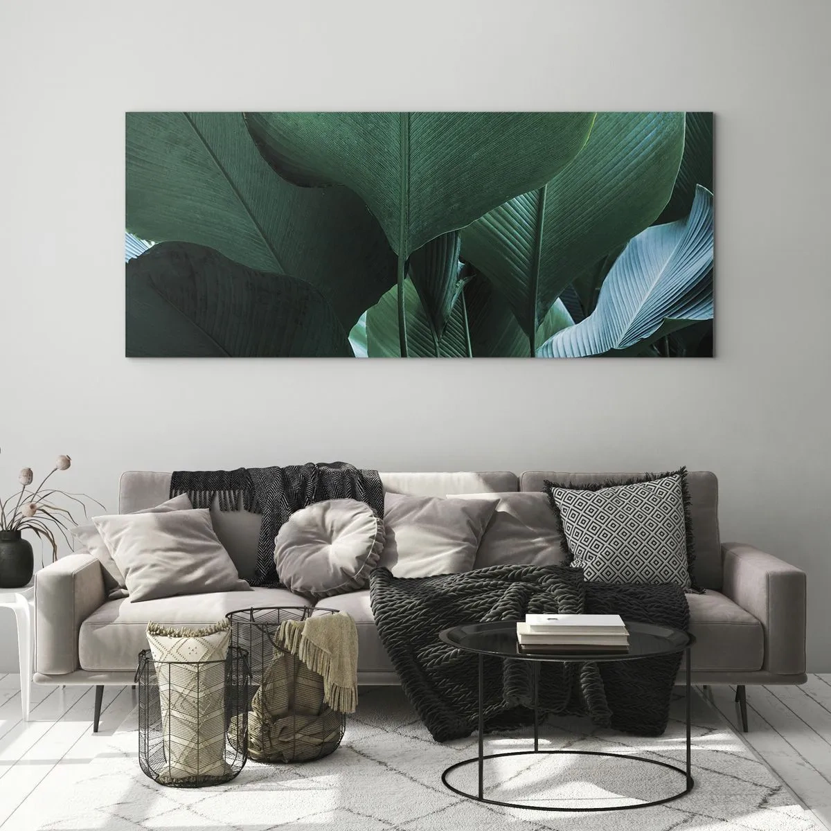 Obraz na szkle - Zielone liście w minimalistycznej kompozycji - 120x50cm - Zwrócone do światła - Nowoczesna dekoracja ścienna do salonu i sypialni ARTTOR