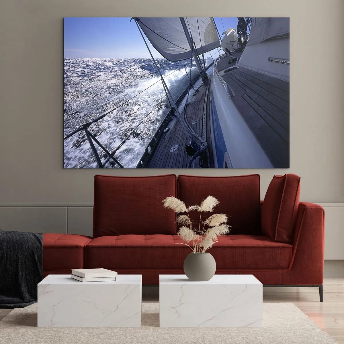 Obraz na szkle - Jacht żeglujący po wzburzonym morzu przy słonecznej pogodzie - 120x80cm - Wiem, co to być ptakiem - Nowoczesna dekoracja ścienna do salonu, kuchni i sypialni ARTTOR