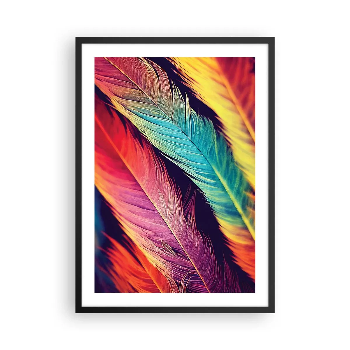 Plakat w czarnej ramie - Kolorowe pióra w żywych odcieniach na ciemnym tle - 50x70cm - Pierzasta tęcza - Nowoczesna dekoracja ścienna do salonu i sypialni ARTTOR