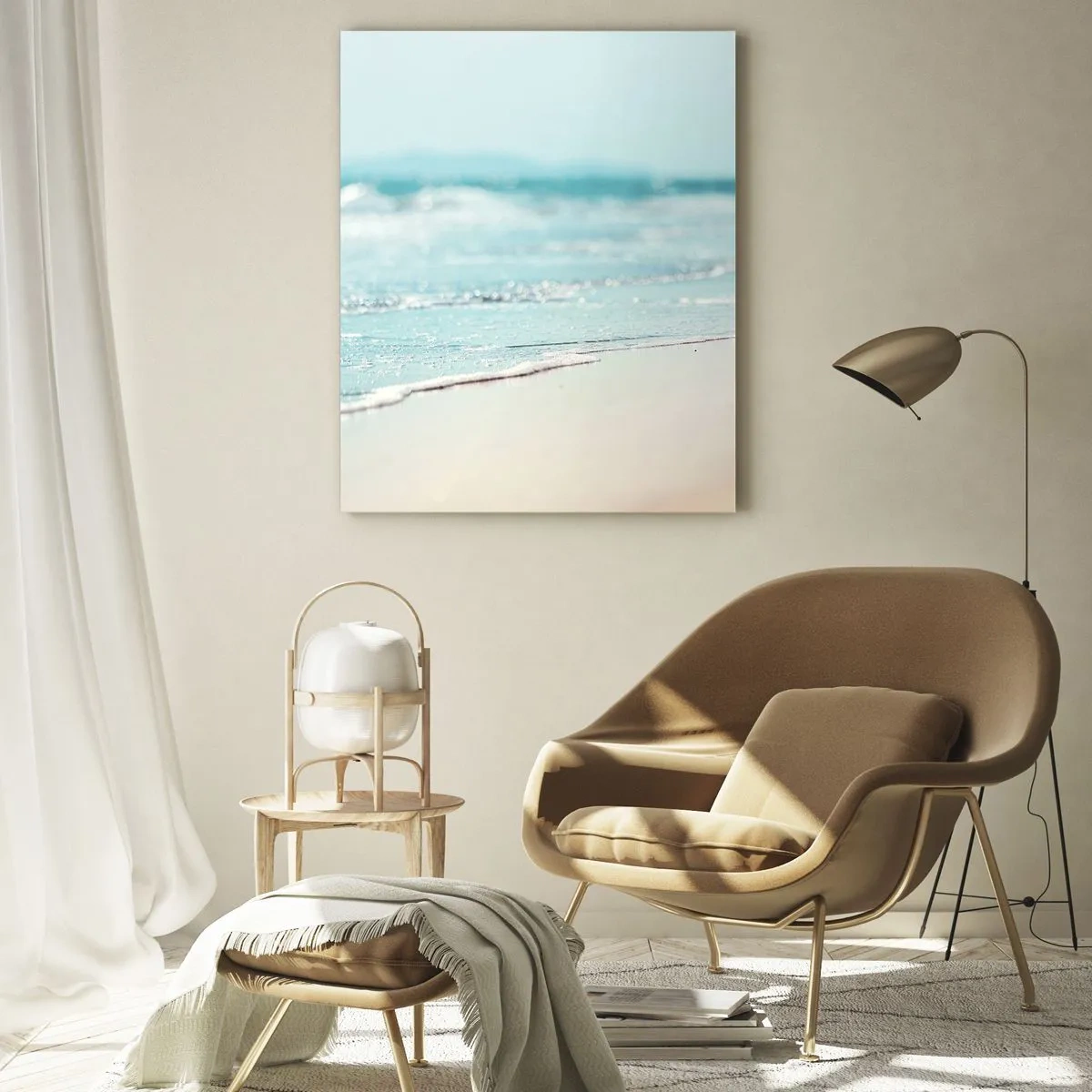 Obraz na szkle - Delikatne fale oceanu na piaszczystej plaży - 70x100cm - Ciepło i szum - Nowoczesna dekoracja ścienna do salonu i sypialni ARTTOR