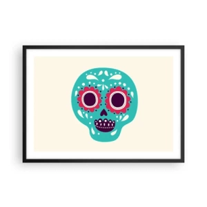 Plakat w czarnej ramie - Cukrowa czaszka w turkusie i fiolecie inspirowana meksykańską kulturą - 70x50cm - Życie – zabawa aż do śmierci - Nowoczesna dekoracja ścienna do salonu i sypialni ARTTOR