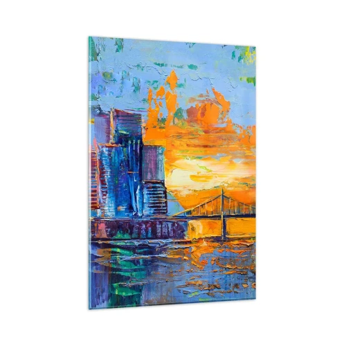 Obraz na szkle - Kolorowe miasto z mostem w zachodzącym słońcu - 80x120cm - Kultura i natura - Nowoczesna dekoracja ścienna do salonu i sypialni ARTTOR