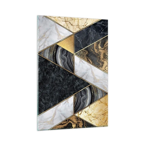 Obraz na szkle - Geometryczne trójkąty w złocie, marmurze i ciemnych odcieniach - 80x120cm - Kamień przy kamieniu - Nowoczesna dekoracja ścienna do salonu i sypialni ARTTOR