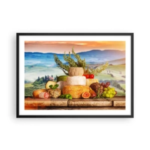 Plakat w czarnej ramie - Kompozycja serów i owoców na tle toskańskiego krajobrazu - 70x50cm - Włoska radość życia - Nowoczesna dekoracja ścienna do salonu i sypialni ARTTOR