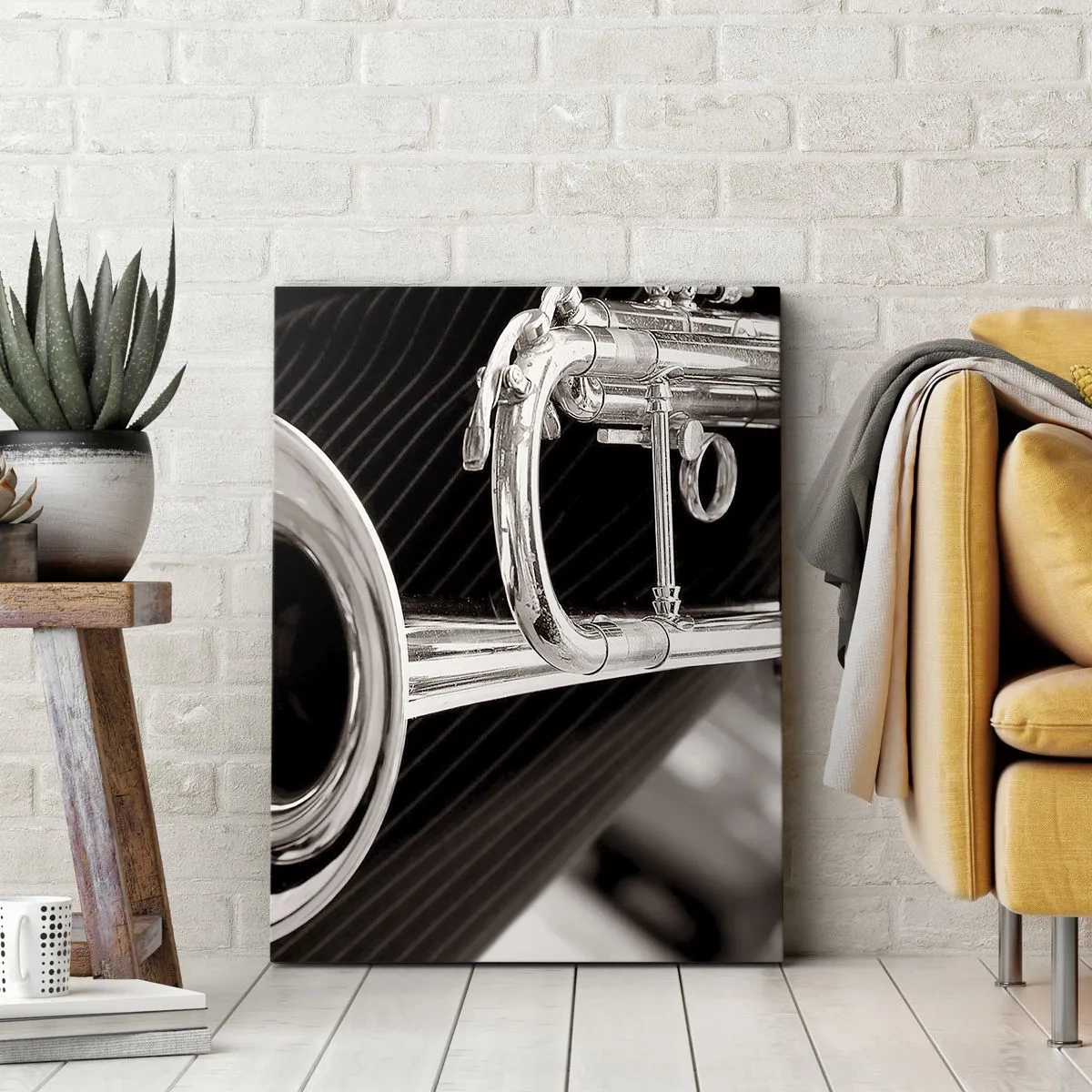 Obraz na płótnie - Blacha trąbki w zbliżeniu w stylu retro - 50x70cm - Muzyczna podróż do lat 30. - Nowoczesna dekoracja ścienna do salonu, kuchni i sypialni ARTTOR