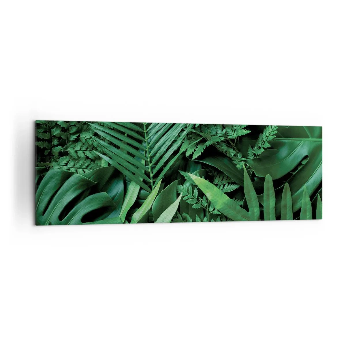 Obraz na płótnie - Zielone liście tropikalne w gęstej i naturalnej kompozycji - 160x50cm - Utulone w zieleni - Nowoczesna dekoracja ścienna do salonu i sypialni ARTTOR