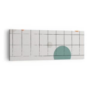 Obraz na płótnie - Abstrakcyjne okręgi w kolorach na tle geometrycznej siatki - 140x50cm - Uwięzione. My czy one? - Nowoczesna dekoracja ścienna do salonu i sypialni ARTTOR